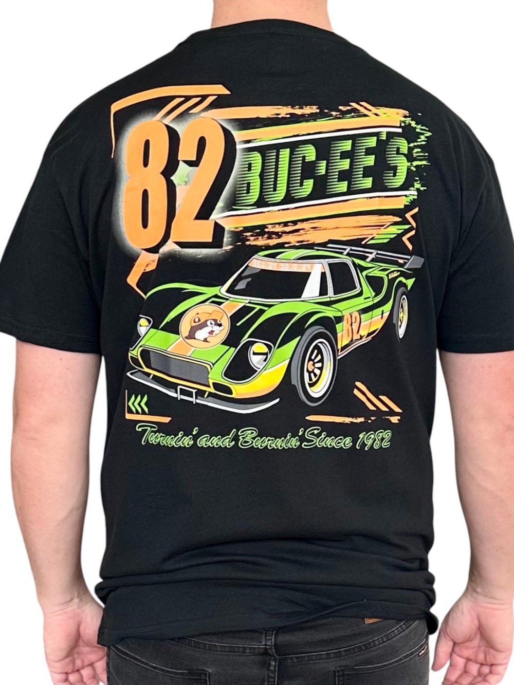 Buc-ee's Men's Short Sleeve Logo Tee  Racing theme with neon colors
